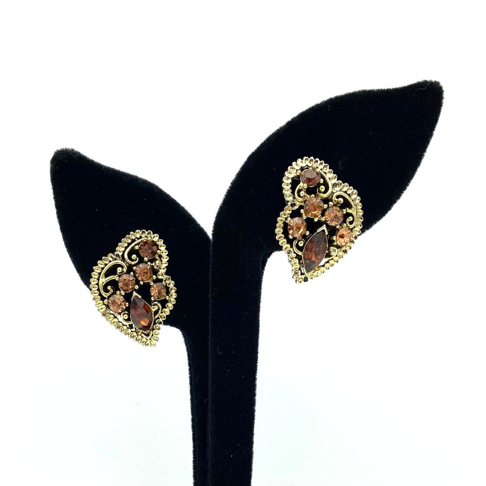 Vintage Brown & Amber Rhinestone Clip On Earrings Gold Tone